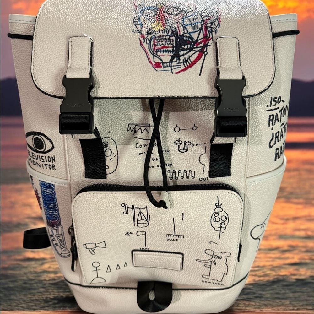 Artistic White Men's Backpack with Graphic Designs